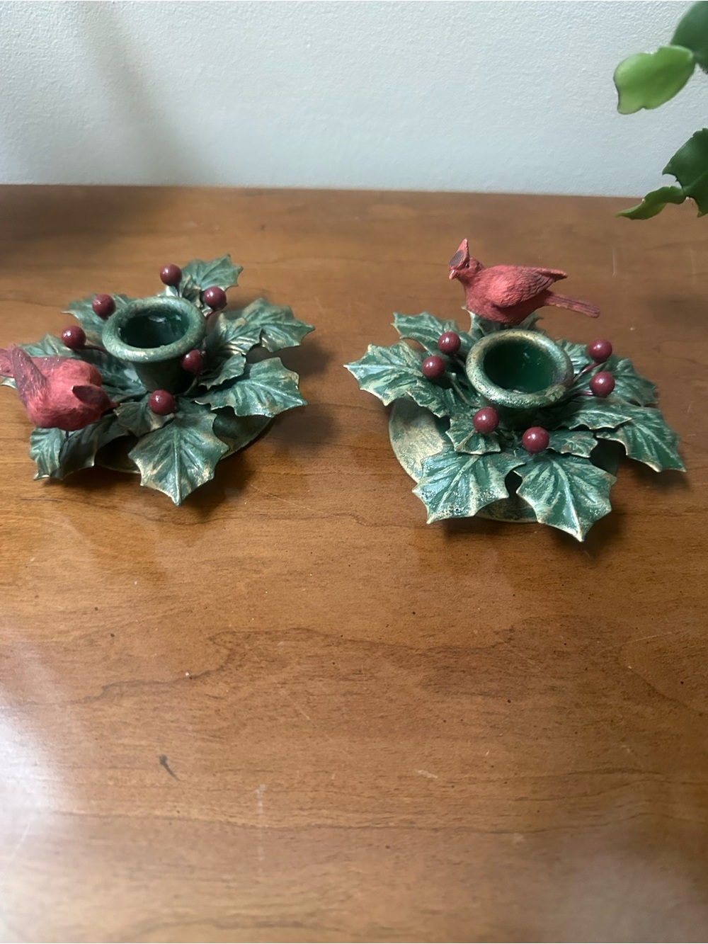 Vintage set of 2 metal Christmas candle holders with Holly and Cardinals